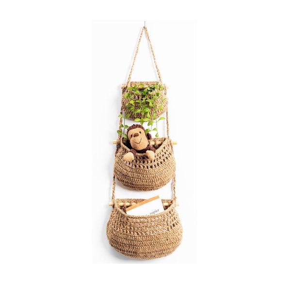 Hanging Fruit Basket, 3 Tier Woven Jute Wall Hanging Baskets for Organizing, Hanging Produce Basket for Fruit & Vegetable Storage