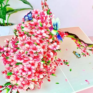 Flower Pop Up Card, Cherry Blossom, Hummingbird, Butterfly, 3D Pop Up Birthday Card, Happy Anniversary Card for Women, Wife, Mom, Grandma