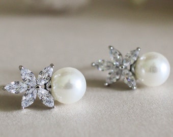 OLIVE | Bridal Wedding Earrings | Earrings for Bridesmaid or Bride | Pearl and Crystal Earrings | Bridal jewellery