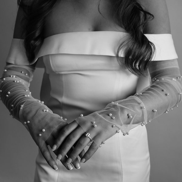 Aggie Pearl Fingerless Gloves | Long Wedding Gloves | Bridal Gloves | Tulle Fingerless Sleeves | Bridal Pearl Sleeves