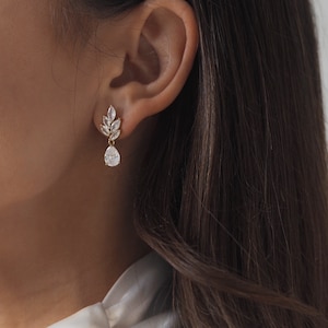 Olivia Earrings | Bridal and Occassion Jewellery | Crystal Leaf Drop Earrings | Cubic Zirconia Earrings For Bride and Bridesmaids