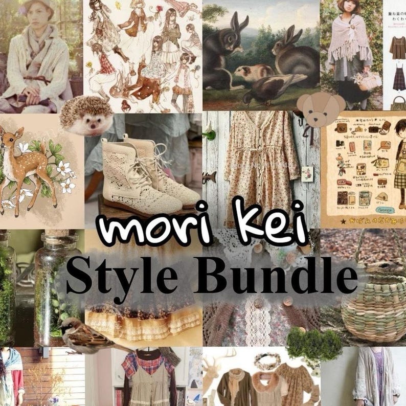 Pode incluir: Uma colagem de imagens que mostram o estilo Mori Kei, com roupas, acess&oacute;rios e elementos inspirados na natureza. O texto "Mori Kei Style Bundle" &eacute; exibido de forma proeminente.