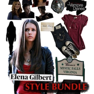 May include: A collage featuring Elena Gilbert from The Vampire Diaries, including a black leather jacket, red top, dark denim jeans, black and white sneakers, a silver locket, a Dear Diary note, and a Welcome to Mystic Falls Virginia sign.