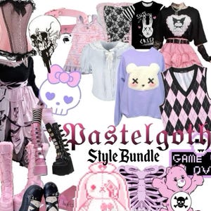 Könnte beinhalten: Eine Sammlung von Kleidung und Accessoires im Pastel-Goth-Stil. Enthält ein rosa Korsett, Kleider, Oberteile, einen Pullover mit einem Bären, einen Totenkopf, Stiefel und eine rosa Rautenweste. Der Text "Pastelgoth Style Bundle" ist zu sehen.