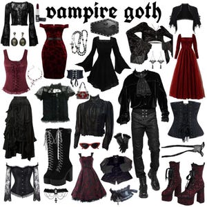 May include: A collection of clothing and accessories labeled vampire goth, including black and red velvet dresses, lace tops, corsets, ruffled skirts, platform boots, skull earrings, bat jewelry, and a black velvet shirt with matching trousers.