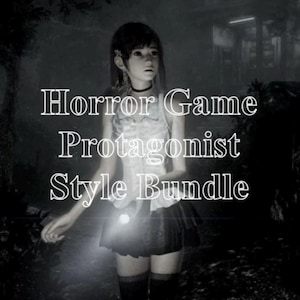 May include: A black and white digital illustration of a character with dark hair wearing a collared sleeveless top and a pleated skirt, holding a flashlight. The text Horror Game Protagonist Style Bundle is overlaid in white with a black outline.
