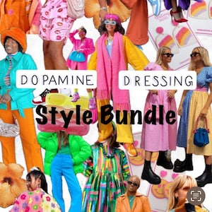 May include: A vibrant collage showcasing various fashion items and outfits. The image features diverse clothing and accessories, with the text "Dopamine Dressing Style Bundle". The outfits are characterized by bold colours, including pink, orange, yellow, and green.