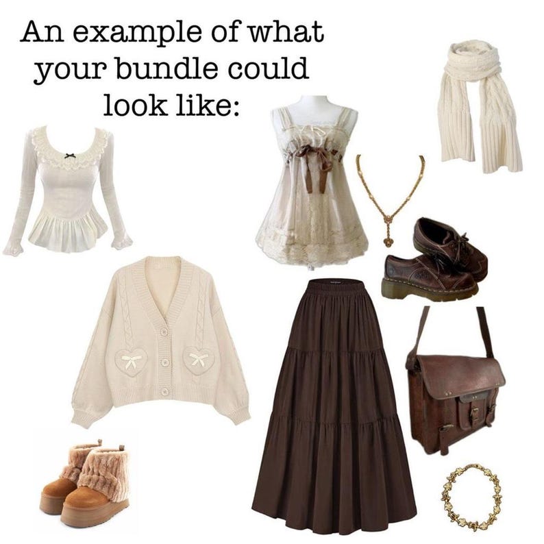 Pode incluir: Um exemplo de um pacote de roupas que inclui uma blusa branca de renda, um cardig&atilde; branco com detalhes de la&ccedil;o, uma saia marrom de camadas, um top branco de renda com uma fita marrom, uma bolsa de couro marrom, um colar de corrente dourada com um pingente de cora&ccedil;&atilde;o, um par de botas marrons de couro, um cachecol branco e uma pulseira de corrente dourada.