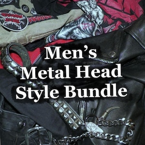 May include: A selection of metal-themed apparel and accessories, including a black leather jacket, studded belt, and graphic t-shirts. The image displays the text "Metal Head Style Bundle".