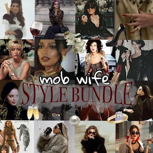 Peut inclure: Un collage d'images présentant des femmes dans diverses tenues et accessoires, avec le texte "mob wife STYLE BUNDLE" au centre. Les images incluent des imprimés léopard, des manteaux de fourrure, des lunettes de soleil et des bijoux, évoquant une esthétique vintage et glamour.