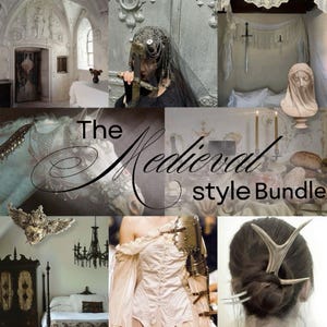 May include: A collage featuring medieval-themed items. Includes a woman in a headpiece, a bust, a sword, a corset with armor, a hair accessory, and a church interior. Text reads "The Medieval Style Bundle."
