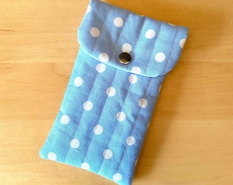 Etui téléphone housse smartphone tissu bleu ciel petits pois pochette rétro cadeau femme fille Fête des Mères anniversaire