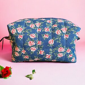 Quilted toiletry bag washbag denim fabric waterproof toothbrush case shabby chic soap pouch woman girlfriend Mother's Day birthday gift image 2