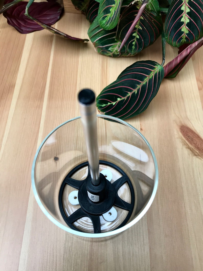 May include: A clear glass planter with a black base and a silver metal rod extending upwards. The planter sits on a light wood surface, with green and red-veined leaves of a plant in the background.