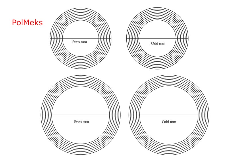 May include: A white background features four circular diagrams with concentric rings. Each diagram is bisected by a horizontal line and labeled with "Even mm" or "Odd mm." The text "PolMeks" appears in the upper left corner.