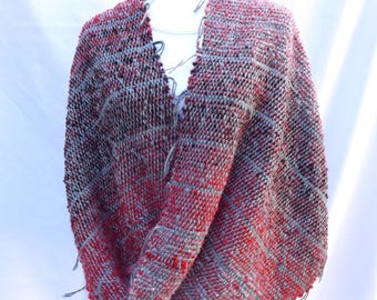 Handwoven Mobius Shawl, Twisted Poncho Wrap, Red Gray Tweed