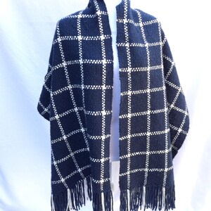 Shawl, wrap handwoven in navy with white window-pane checks. Very soft, thick, cozy wrap. This shawl would be an great gift.