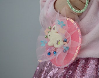 Children's bag with a white rabbit, a round pink handbag, a bag in sequins, a rabbit costume, little fashionista gift