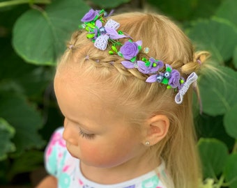 Lila Blumen-Baby-Kranz, Spitzenblumen-Perlen-Tiara, Blumen-Tiara, Boho Blumenkrone, Mädchen-Partykrone, Blumenhaarkranz