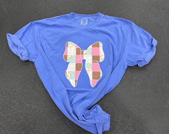 Patchwork Bow Appliqué Shirt – Quilted & Embroidered Tee | Handmade Cottagecore Shirt | Cute Bow Tee | Vintage-Inspired Gift for Her