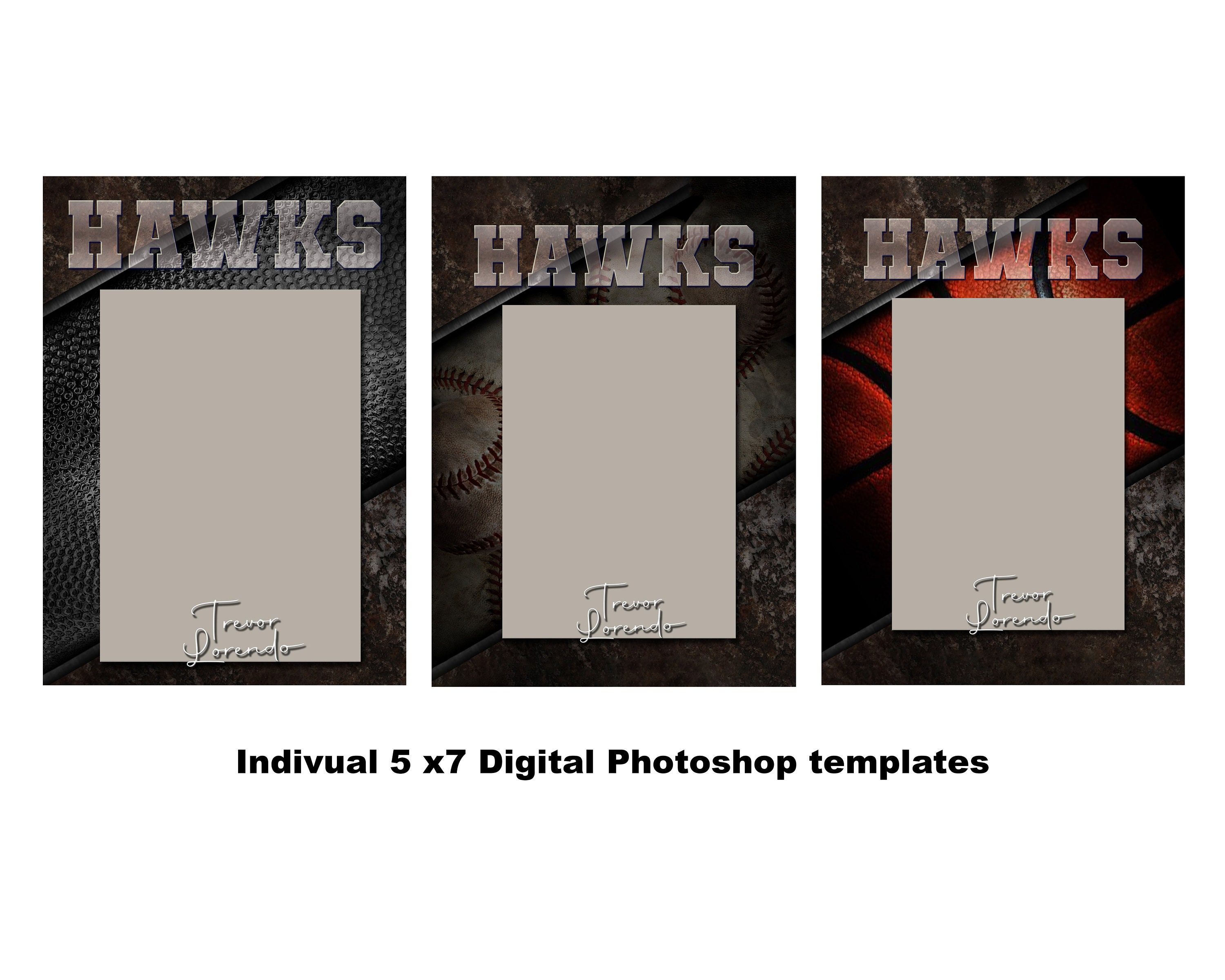 3 Sport Bundle 5x7 Individual Digital Photoshop Template - Baseball, Basketball, Football  - PSD Digital Files Only