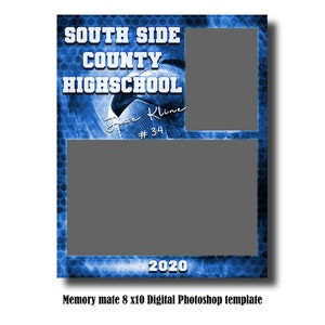 May include: A blue and white digital photo template for a high school football player. The template features a football player in action, the school's name, and a space for a photo. The text "South Side County Highschool" is at the top of the template. The text "Jose Kline #34" is below the football player. The text "2020" is at the bottom of the template.