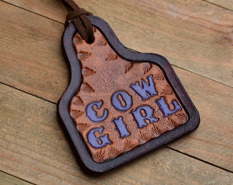 Custom Tooled "Cowgirl" Leather Saddle Charm Keychain