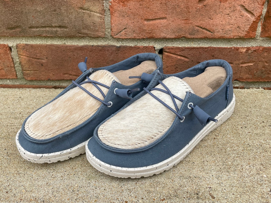 Custom Cowhide Hey Dude Shoes blonde and Steel Blue Size 7 Etsy