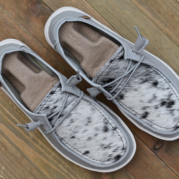 Custom Cowhide Hey Dude Shoes (Gray and Salt and Pepper Sizes 6 and 9)