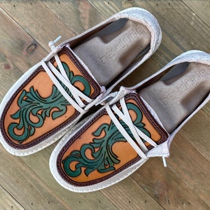 Custom Teal Turquoise Floral Tooled Leather Hey Dudes
