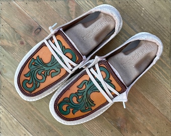 Custom Teal Turquoise Floral Tooled Leather Hey Dudes (Size 8)