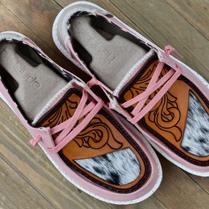Custom Floral and Cowhide Tooled Leather Hey Dudes (size 9)