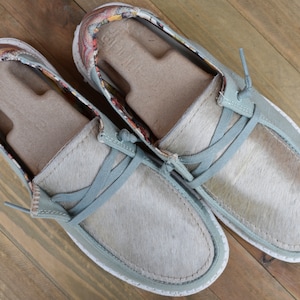 Custom Cowhide Hey Dude Shoes (Silver Blonde and Aloe Green Size 8)