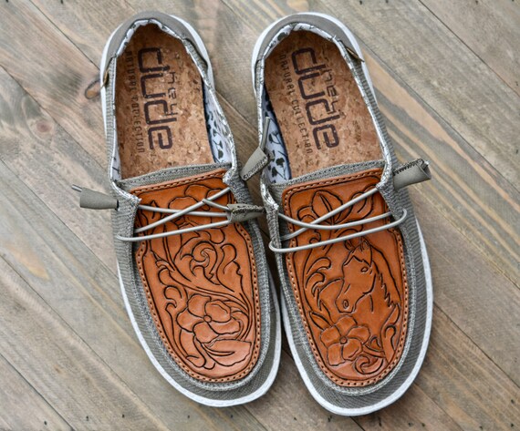 Custom Floral and Horse Tooled Leather Hey Dudes