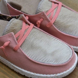 Custom Cowhide Hey Dude Shoes (Pink Guava and Blonde Size 9)