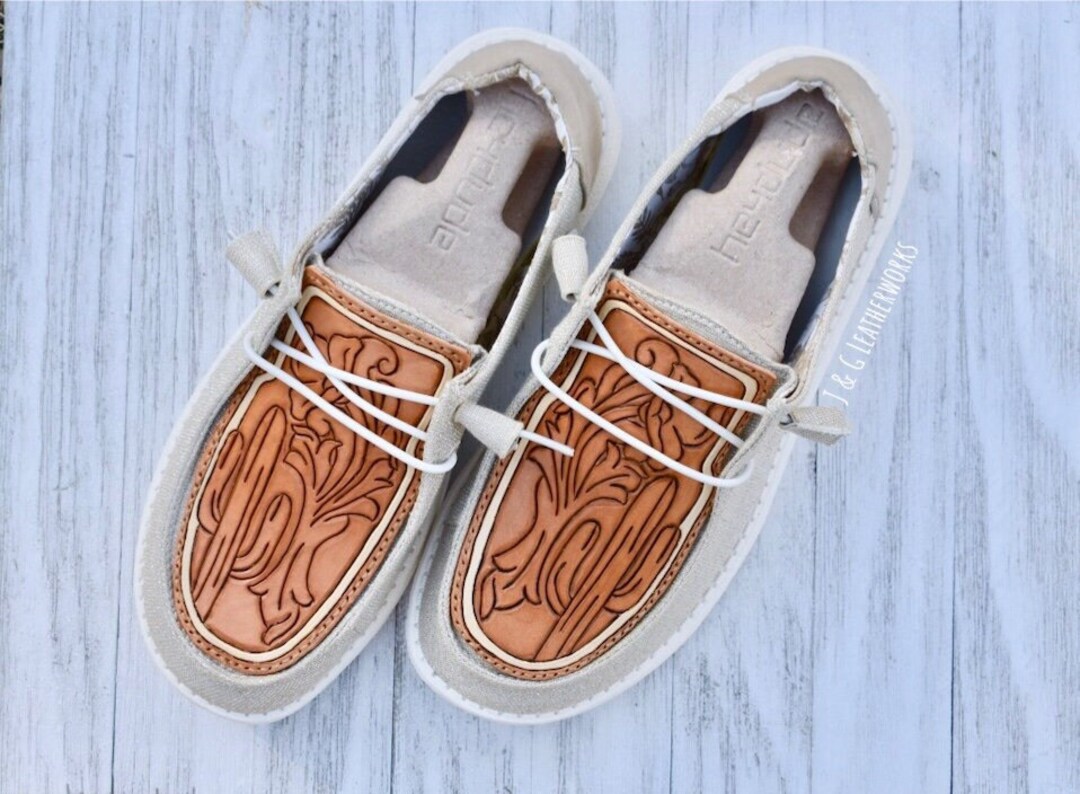 Custom Floral and Cactus Tooled Leather Hey Dudes - Etsy
