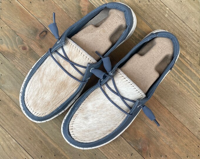 Custom Cowhide Hey Dude Shoes blonde and Steel Blue Size 7 Etsy