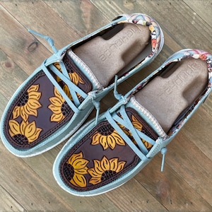 Custom Aloe Sunflower Tooled Leather Hey Dudes
