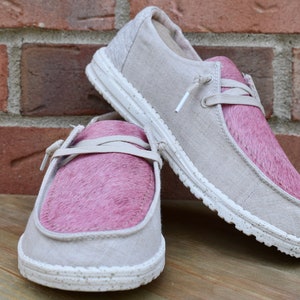 Custom Cowhide Hey Dude Shoes (Pink and Beige Size 8)