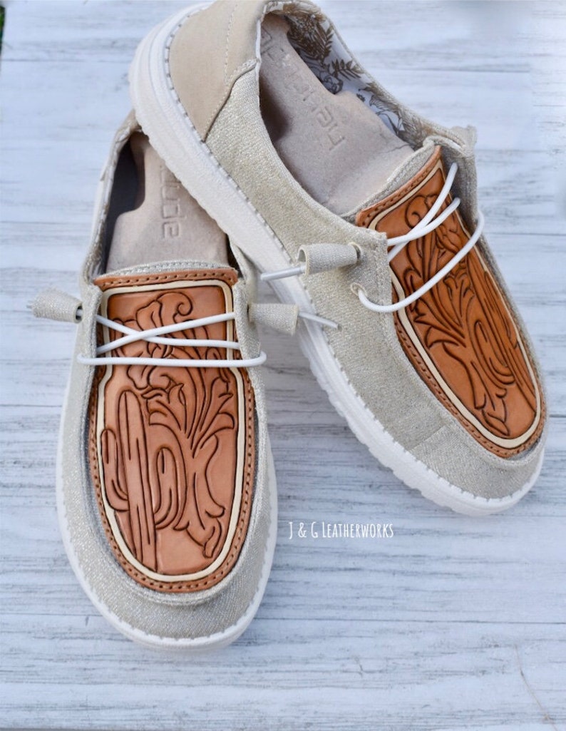 Custom Floral and Cactus Tooled Leather Hey Dudes - Etsy