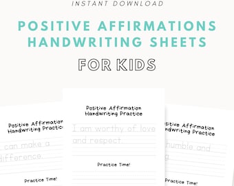 Puede incluir: Tres hojas de trabajo imprimibles para que los niños practiquen la escritura. Cada hoja presenta una afirmación positiva: "Puedo marcar la diferencia", "Soy digno de amor y respeto" y "Soy humilde y amable".