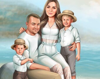 May include: A family of four pose for a portrait on a beach. The parents are sitting on a rock, while the two children stand in front of them. The parents are wearing white shirts and trousers, while the children are wearing white shirts and brown trousers. The woman is wearing a white dress with lace trim. The family are smiling and looking at the camera.