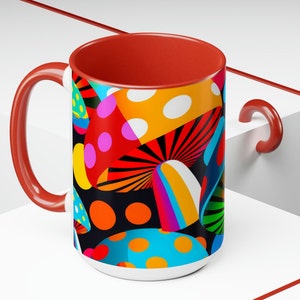 Colorful Two-Tone Mushroom Print Coffee Mug, 15oz, Large Coffee Cup, Fungi Gift, Mushroom Pottery