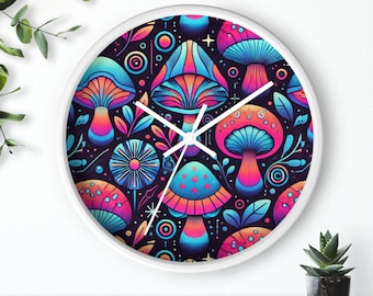 Colorful Mushroom Wall Clock, Vibrant Home Decor, Folk Art Clock, Unique Gift for Nature Lovers, Bohemian Wall Art