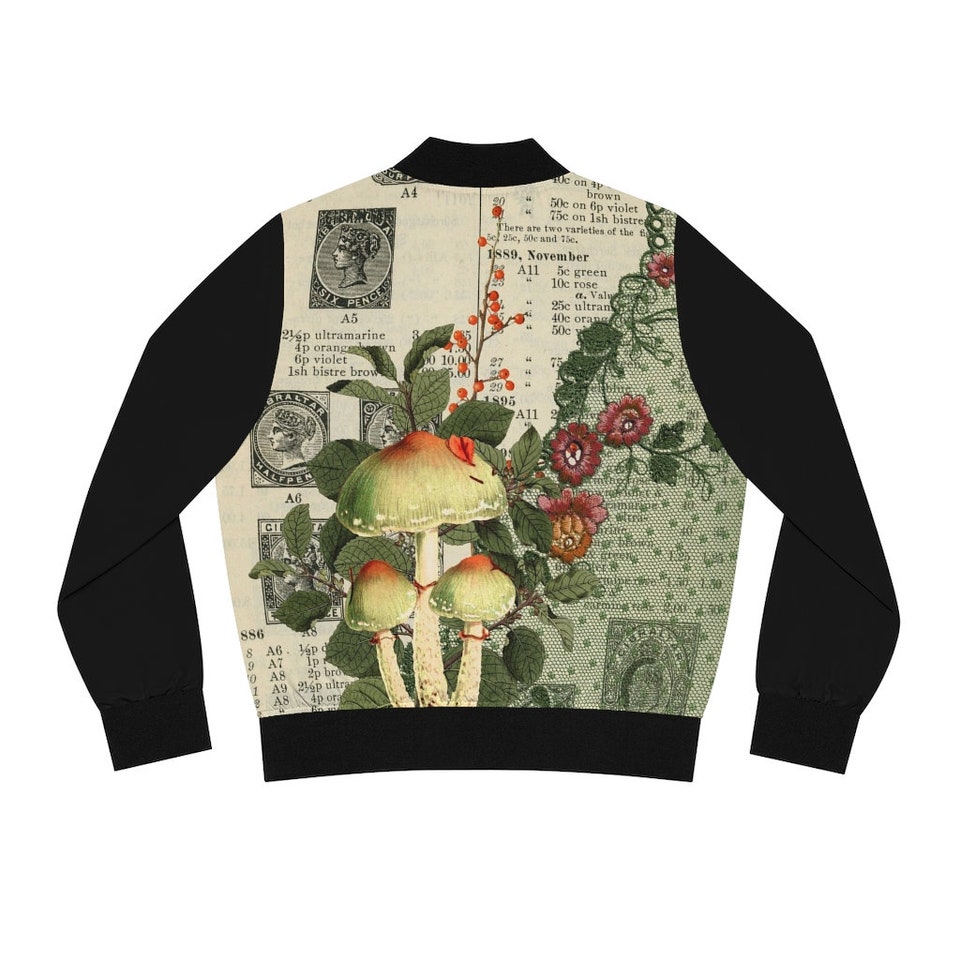 Bomber Jacket, Vintage Inspired Mushroom Print, Cottagecore, Mushroom Gift, Fungi