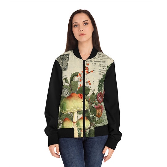 Bomber Jacket, Vintage Inspired Mushroom Print, Cottagecore, Mushroom Gift, Fungi