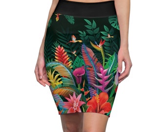 Pencil Skirt with Tropical Flowers, Floral Skirt, Cute Summer Botanical Print Skirt,  Spandex Skirt, Skirt with Flowers