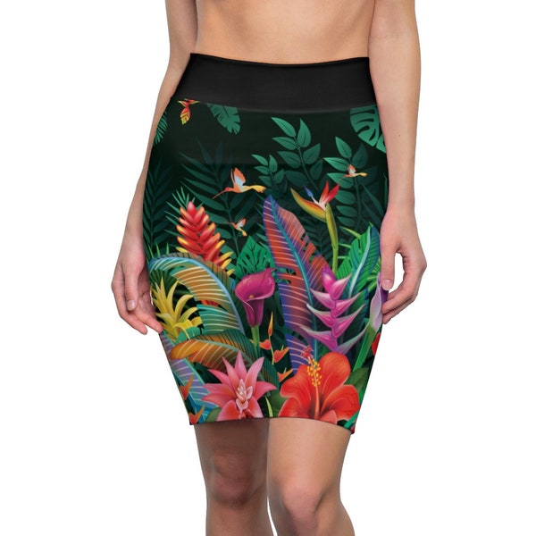 Pencil Skirt with Tropical Flowers, Floral Skirt, Cute Summer Botanical Print Skirt,  Spandex Skirt, Skirt with Flowers