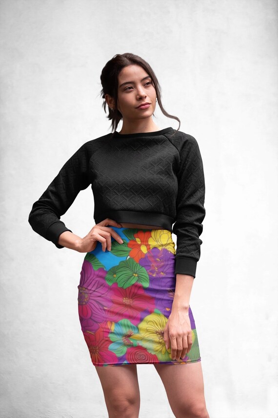 Midi Spandex Skirt floral Botanical Print Colorful Pencil Skirt Spring Summer Fall Clothing Fashion High Waist Skirt Plus Size Skirt Etsy