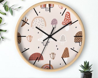 Pink Mushroom Wall Clock: Cottagecore Boho Decor, 10 inch
